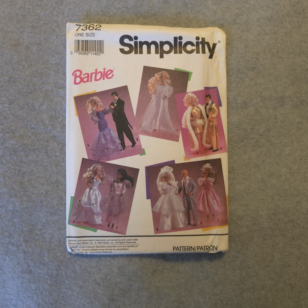 Simplicity 7362 UNCUT Barbie Doll Clothes Sewing Pattern 1990 Wedding Evening Go